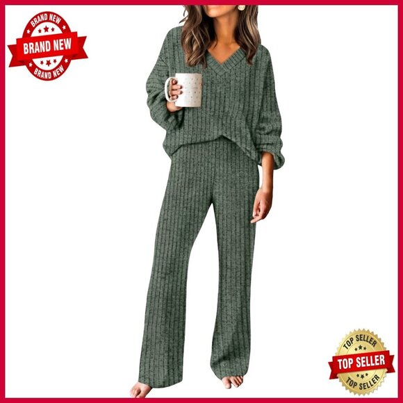 Pants - Matching Lounge Set V-Neck Sweater Wide Leg Pants S-2XL